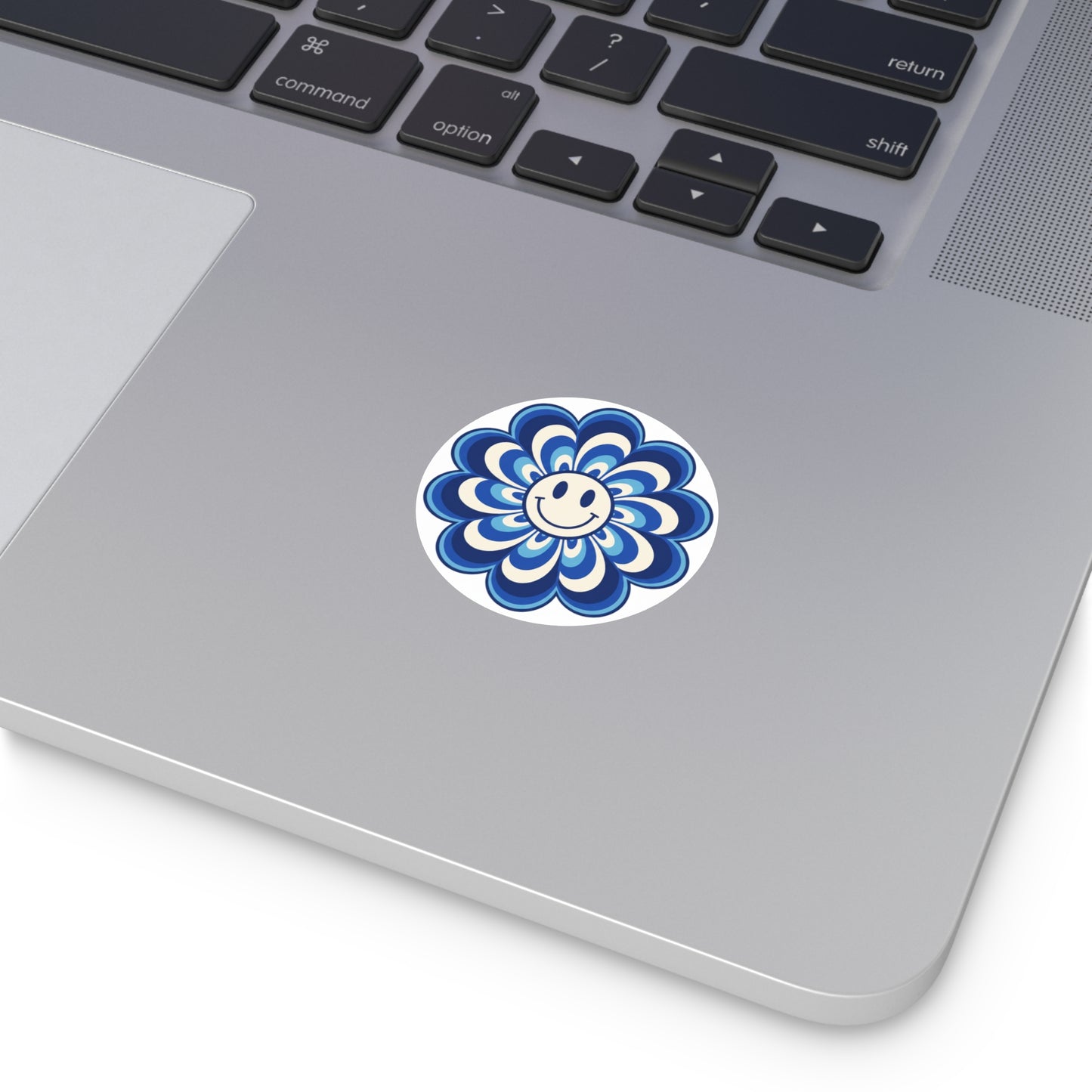 Blue Retro Smiley Flower Sticker — Round Vinyl Decal
