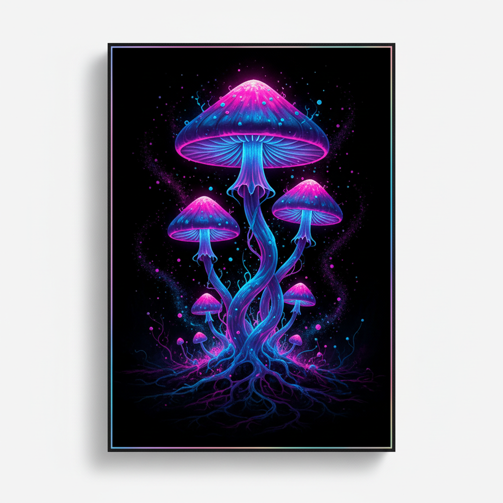 Glowing neon mushrooms in vivid electric colors against a pitch black background