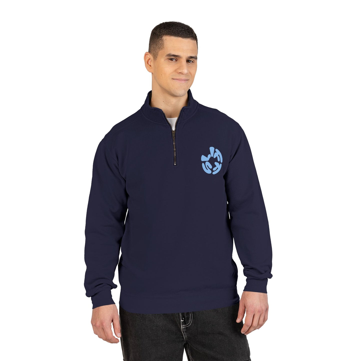 Quarter-Zip Sweatshirt — “Sometimes Life Is Fucking Freaky” Blue Floral Graphic