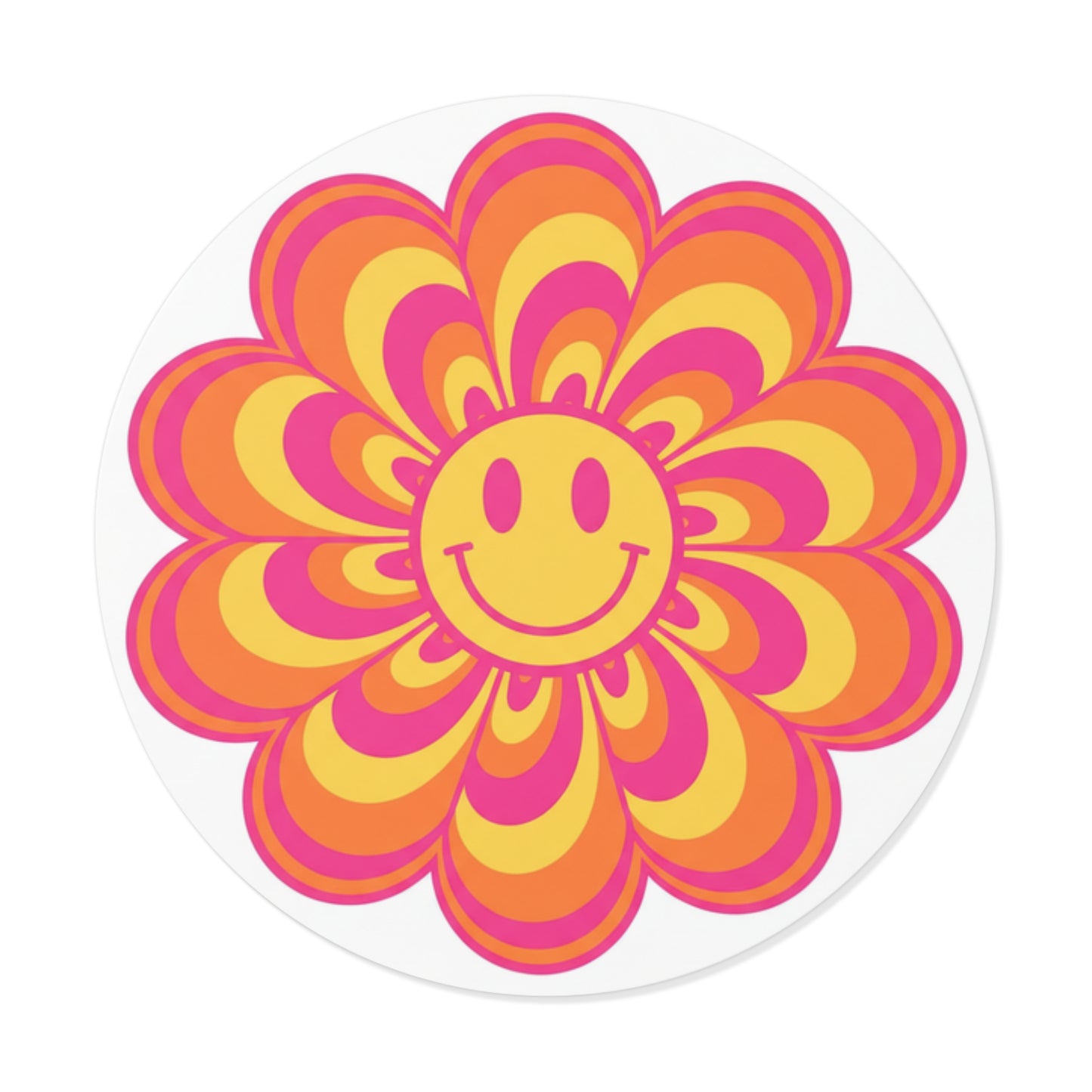 Retro Smiley Flower Vinyl Sticker — 70s Boho Psychedelic Round Decal