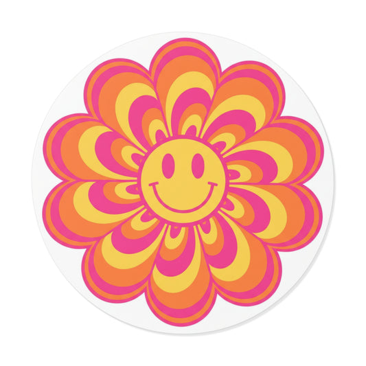 Retro Smiley Flower Vinyl Sticker — 70s Boho Psychedelic Round Decal