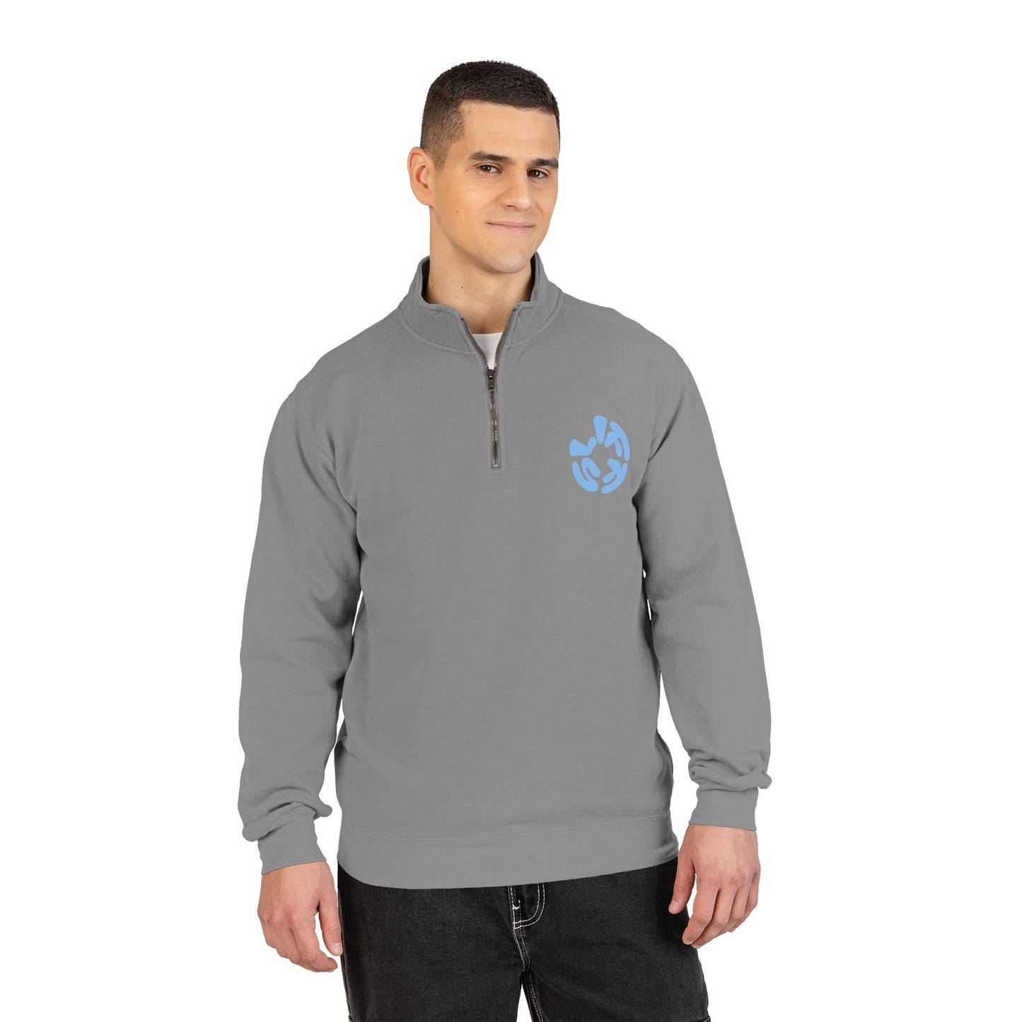Quarter-Zip Sweatshirt — “Sometimes Life Is Fucking Freaky” Blue Floral Graphic
