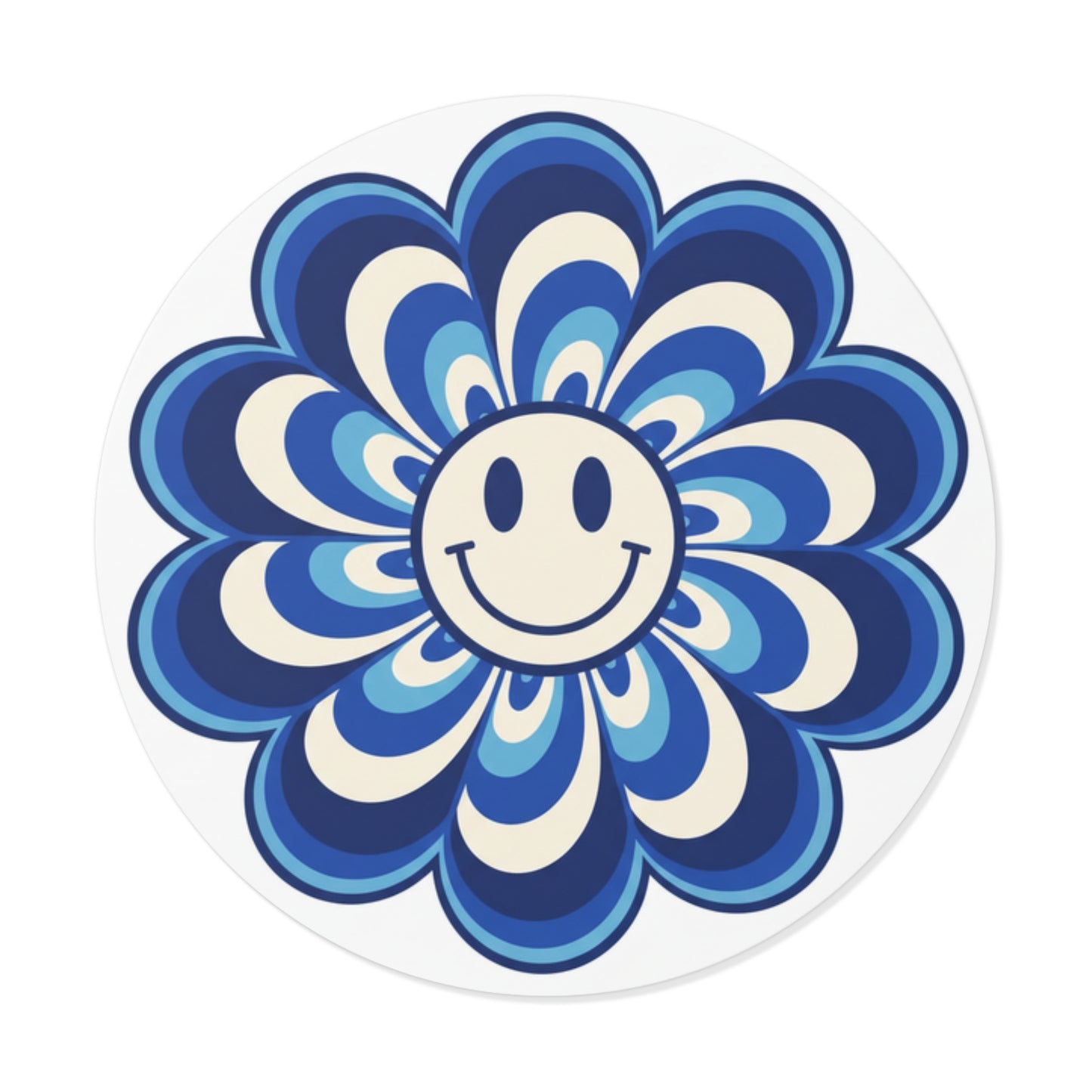 Blue Retro Smiley Flower Sticker — Round Vinyl Decal