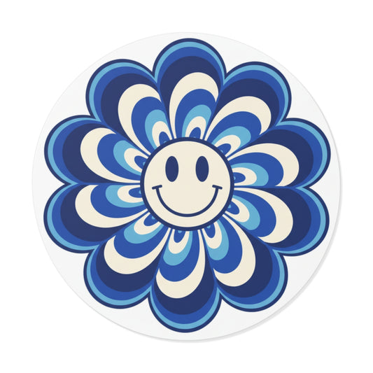 Blue Retro Smiley Flower Sticker — Round Vinyl Decal