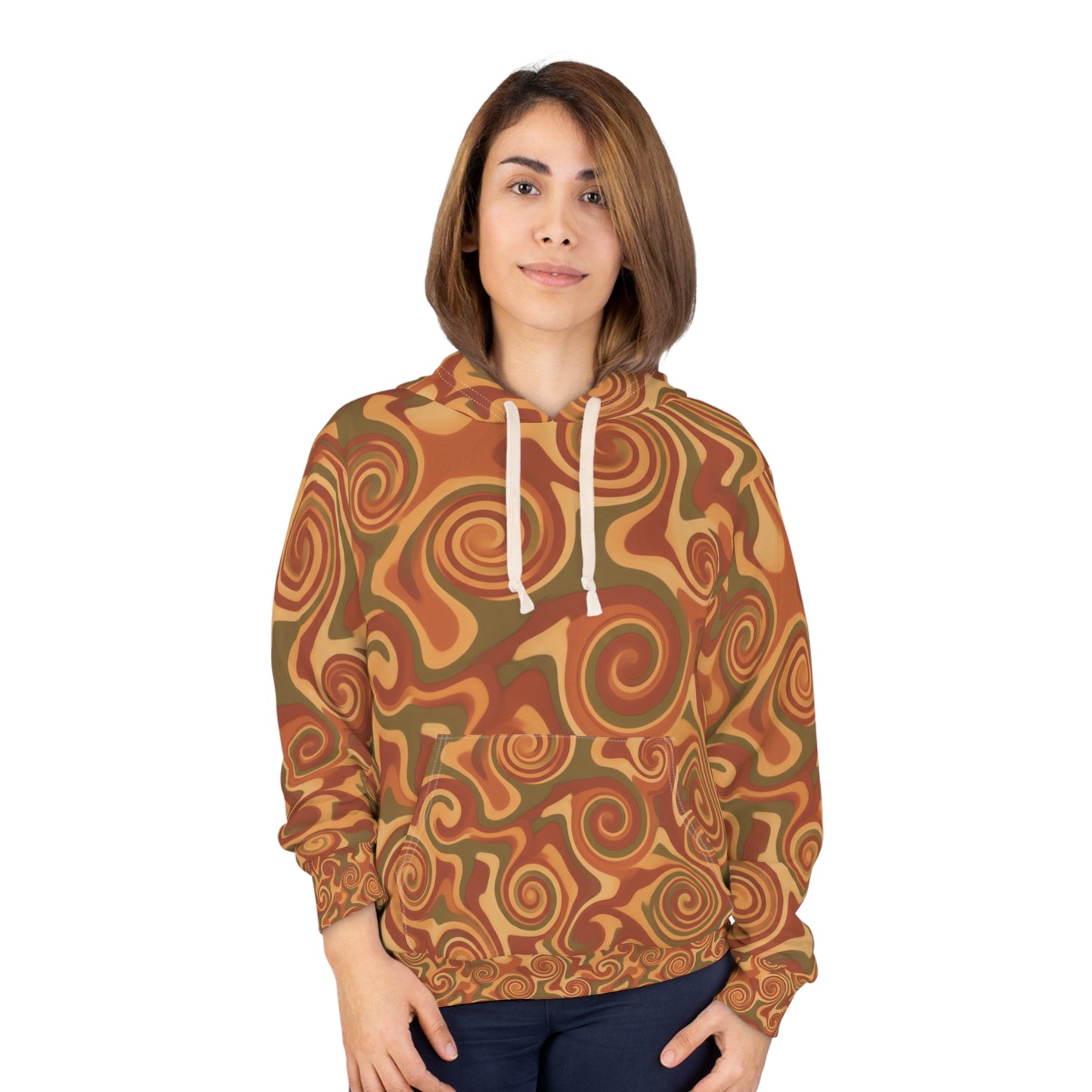 Retro Swirl All-Over Print Hoodie — Vintage Psychedelic Autumn Sweatshirt