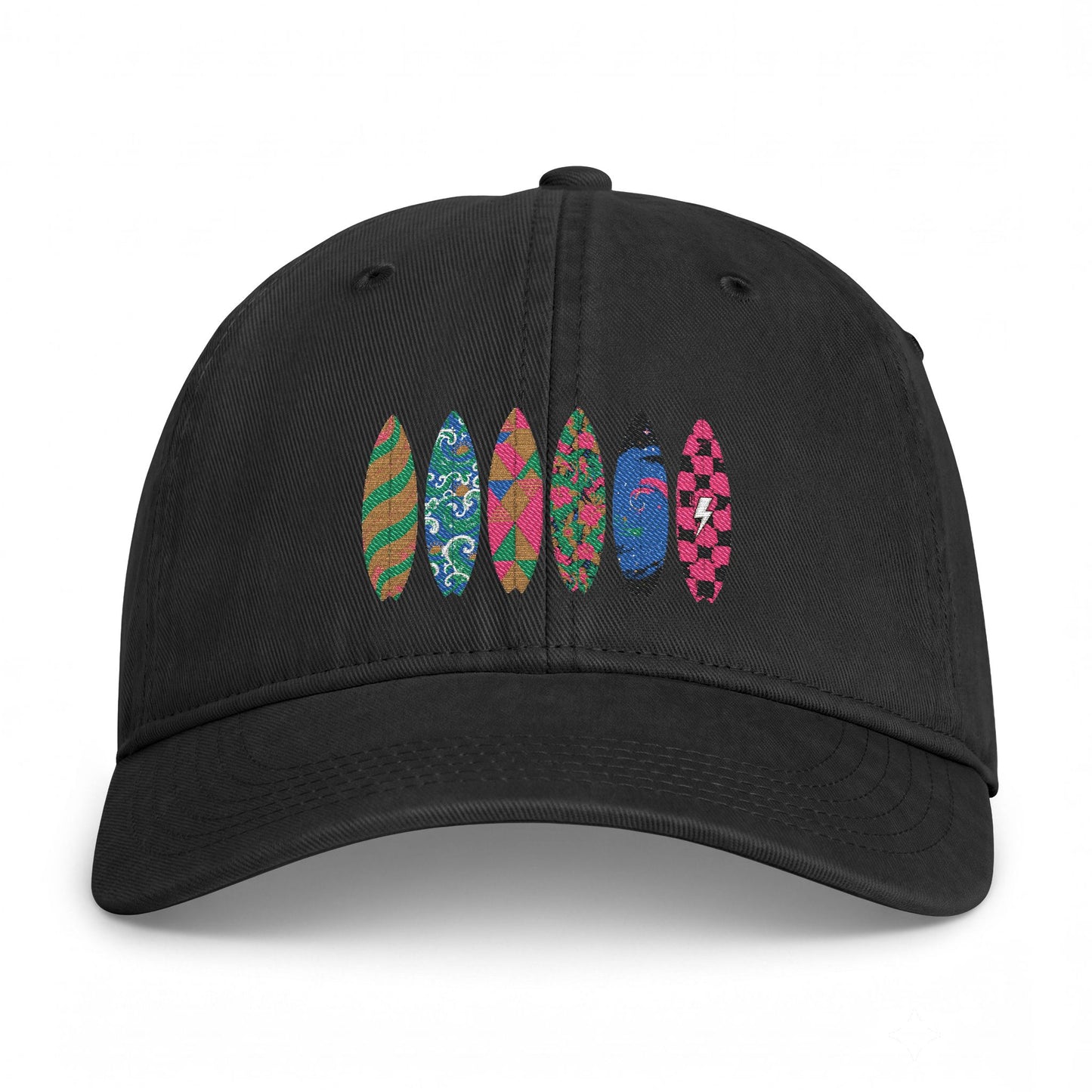 Surfboard Stripe Hat — Coastal Washed Cap with Colorful Surfboard Embroidery