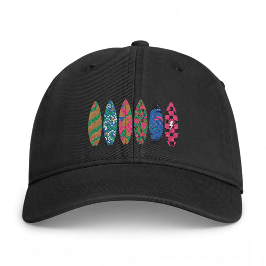 Surfboard Stripe Hat — Coastal Washed Cap with Colorful Surfboard Embroidery