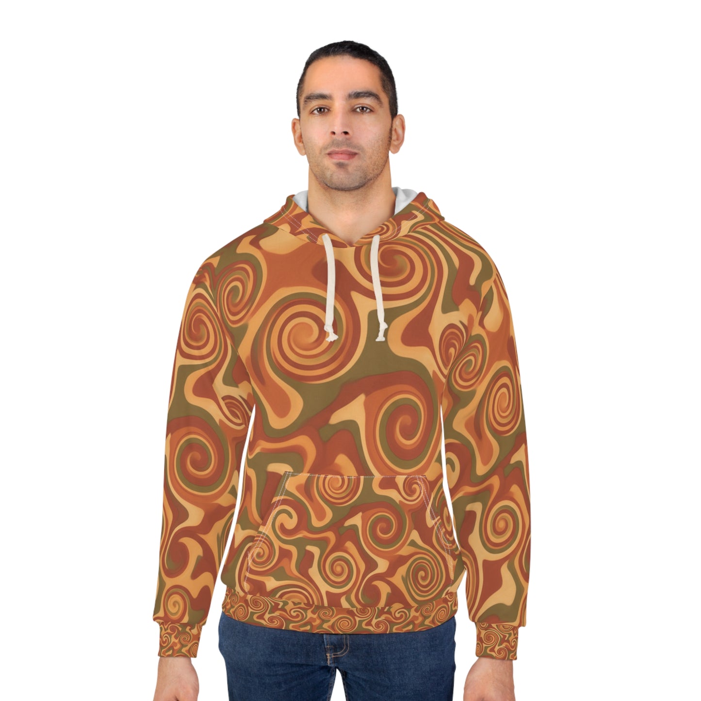 Retro Swirl All-Over Print Hoodie — Vintage Psychedelic Autumn Sweatshirt
