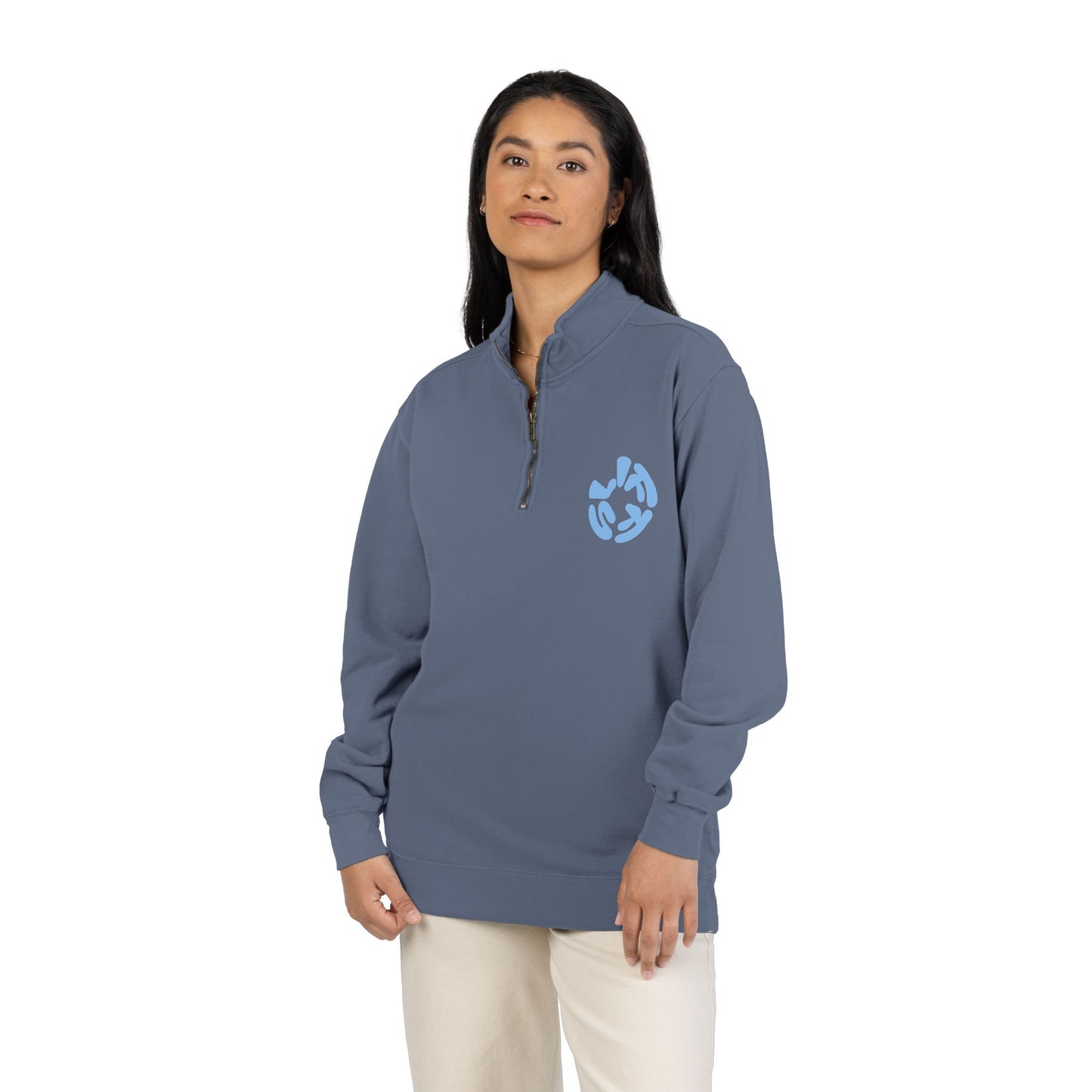 Quarter-Zip Sweatshirt — “Sometimes Life Is Fucking Freaky” Blue Floral Graphic