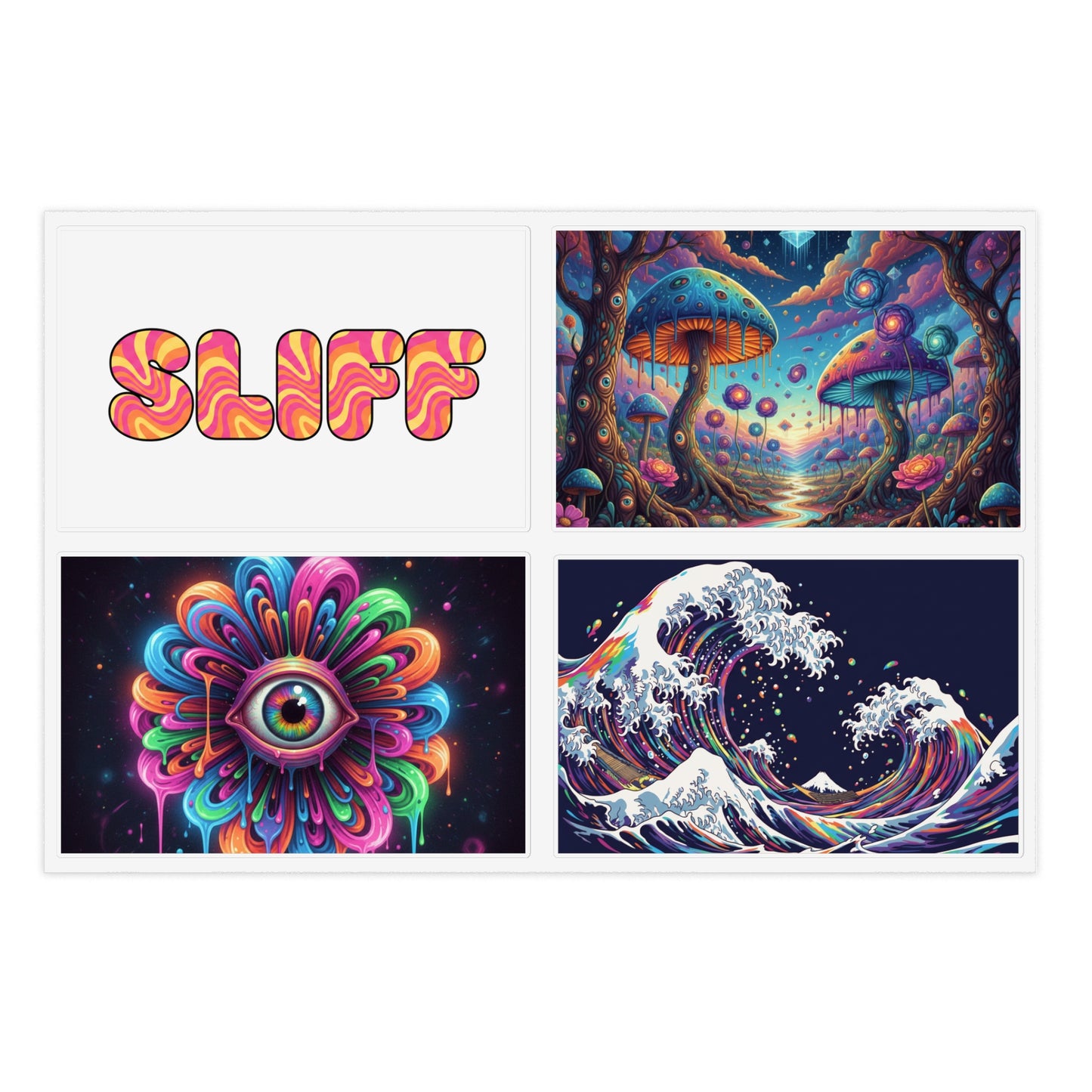 Psychedelic Art Sticker Pack — 5pc Trippy Mushroom, Wave & Mystic Eye Decals
