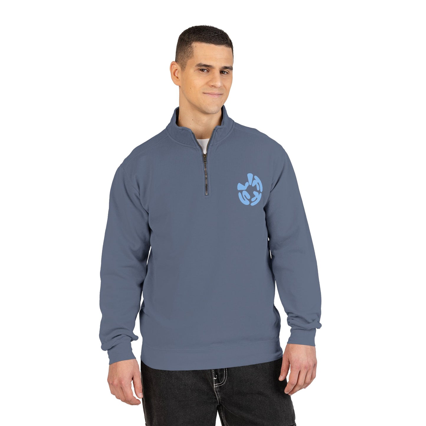 Quarter-Zip Sweatshirt — “Sometimes Life Is Fucking Freaky” Blue Floral Graphic
