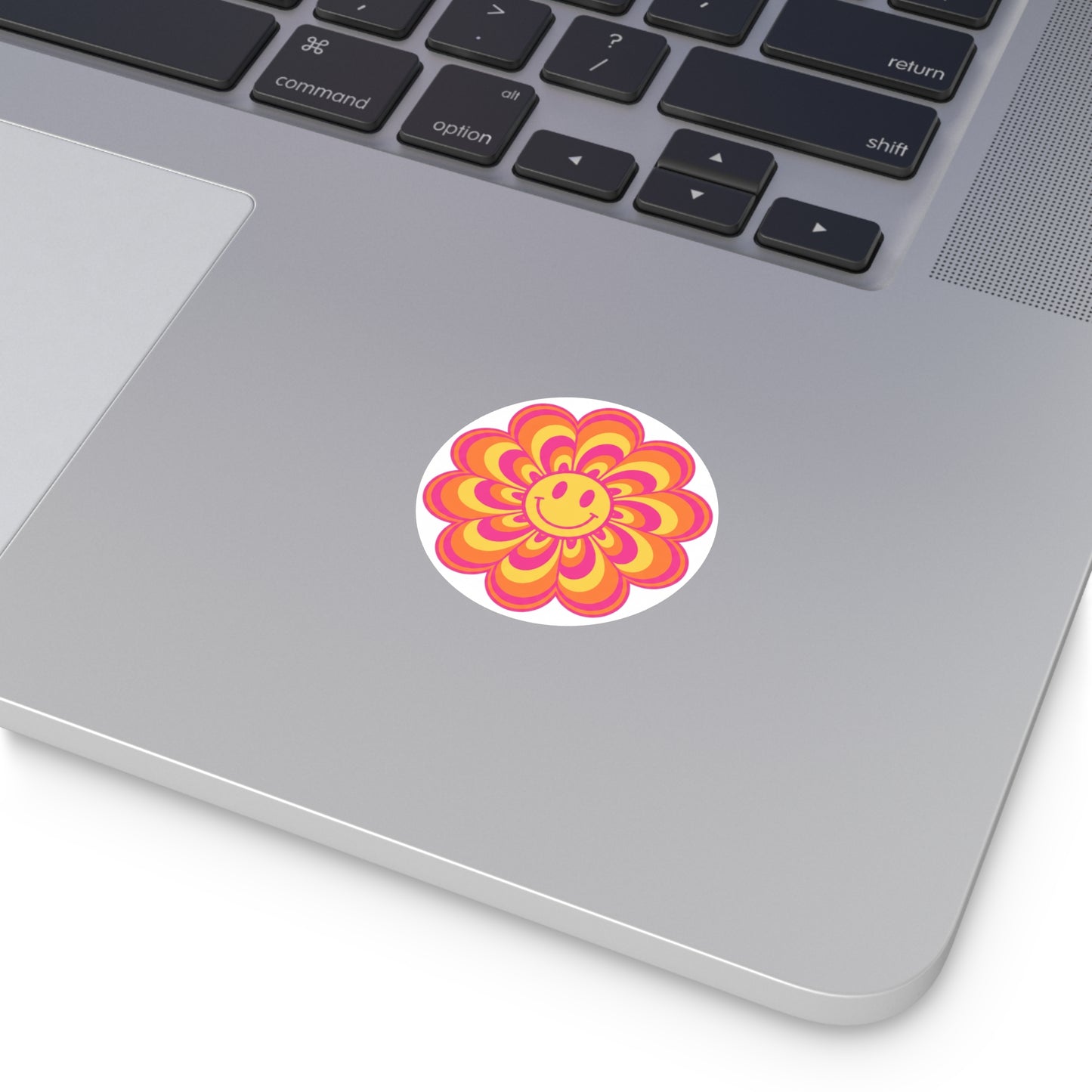 Retro Smiley Flower Vinyl Sticker — 70s Boho Psychedelic Round Decal