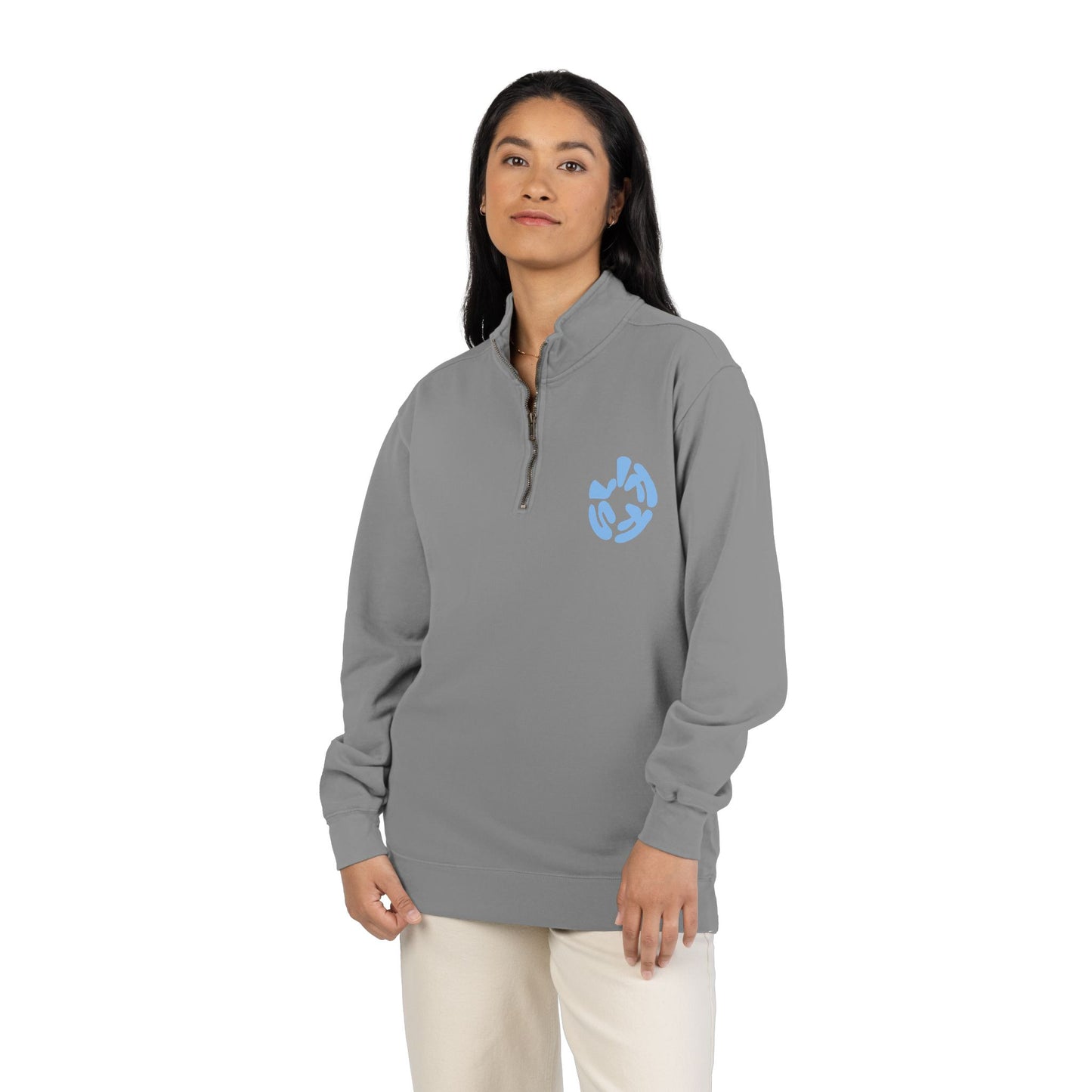 Quarter-Zip Sweatshirt — “Sometimes Life Is Fucking Freaky” Blue Floral Graphic