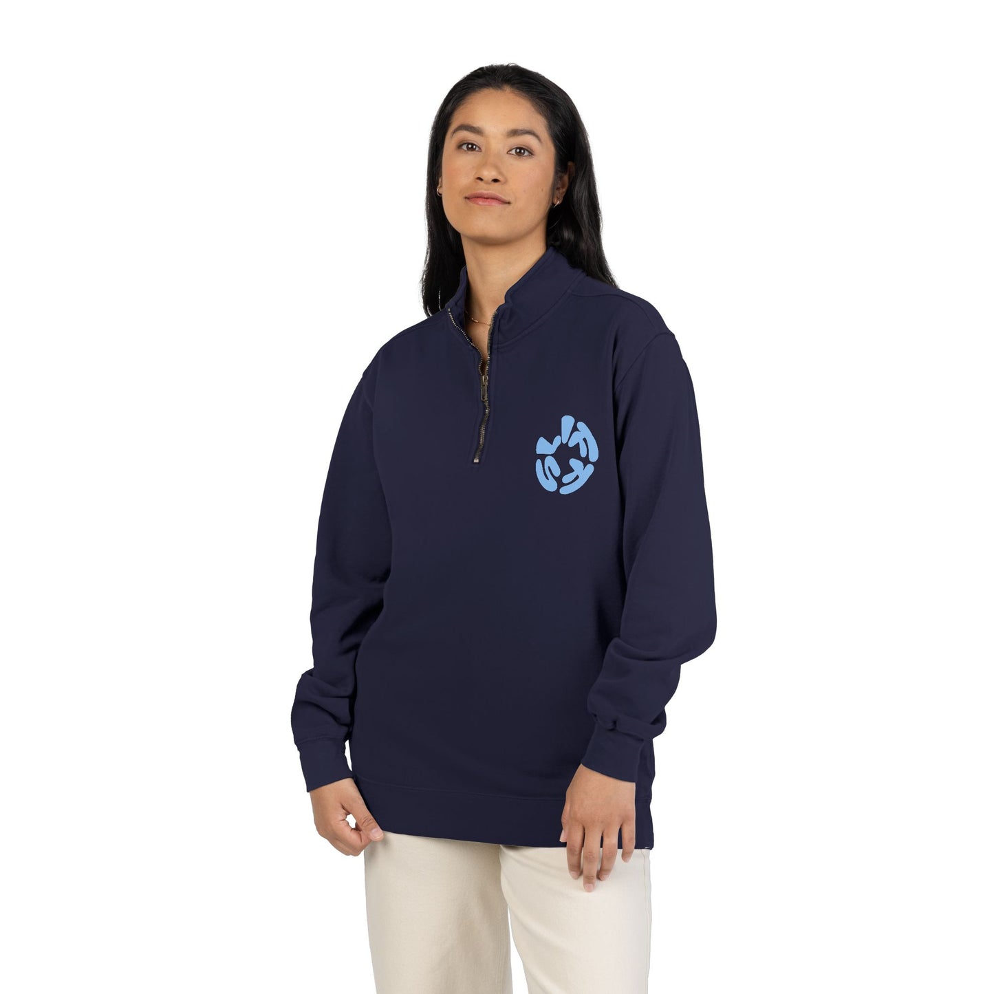 Quarter-Zip Sweatshirt — “Sometimes Life Is Fucking Freaky” Blue Floral Graphic
