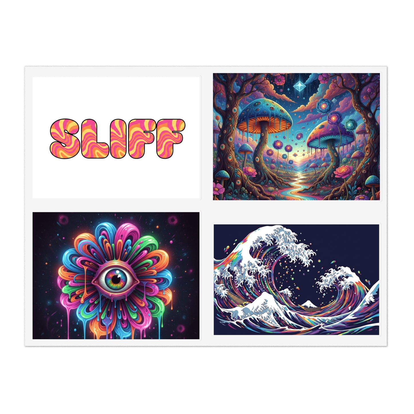 Psychedelic Art Sticker Pack — 5pc Trippy Mushroom, Wave & Mystic Eye Decals