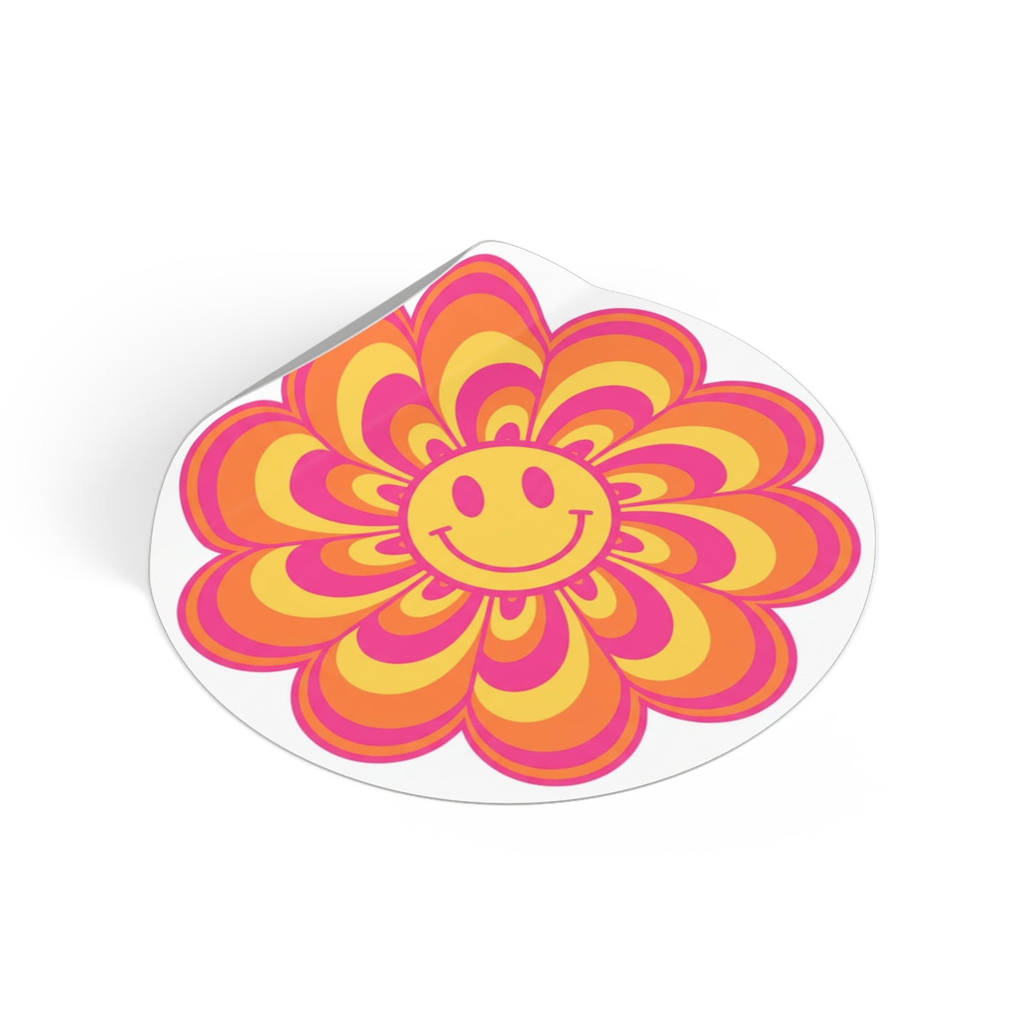 Retro Smiley Flower Vinyl Sticker — 70s Boho Psychedelic Round Decal