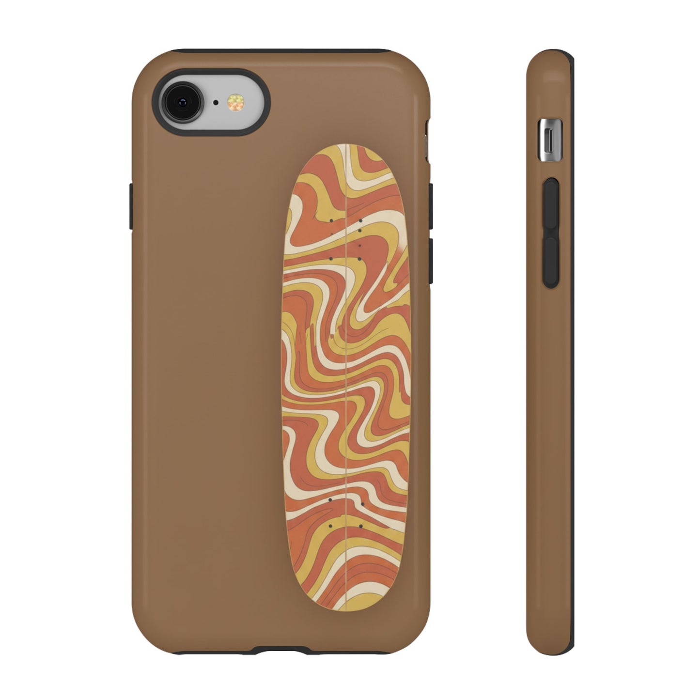 Retro Swirl Skateboard Phone Case — Brown Groovy Abstract Protective Case